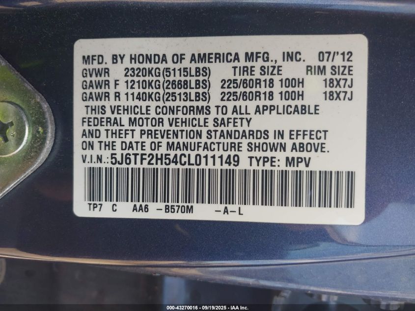 2012 Honda Crosstour Ex-L VIN: 5J6TF2H54CL011149 Lot: 43270016