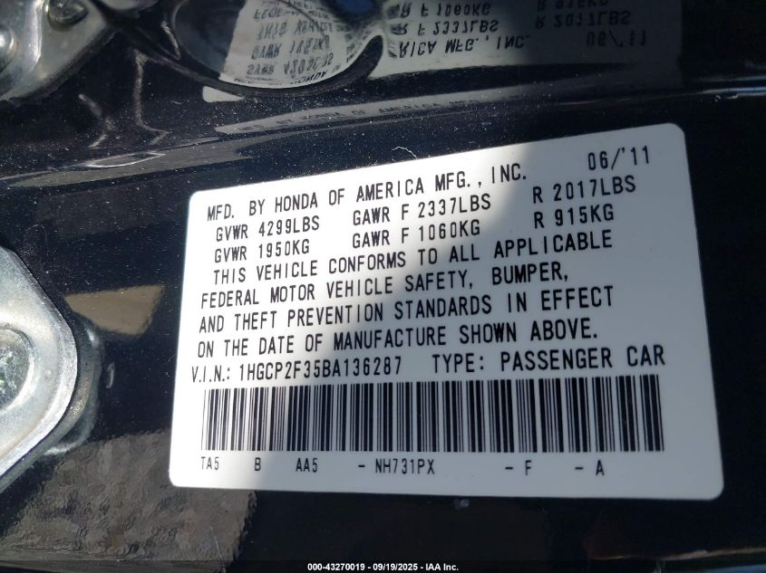 2011 Honda Accord 2.4 Lx VIN: 1HGCP2F35BA136287 Lot: 43270019
