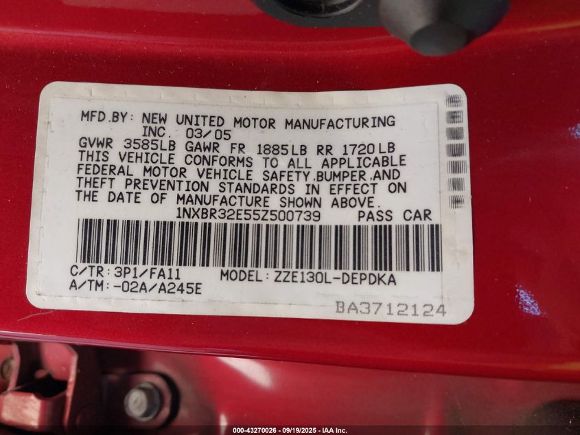 2005 Toyota Corolla Ce VIN: 1NXBR32E55Z500739 Lot: 43270026