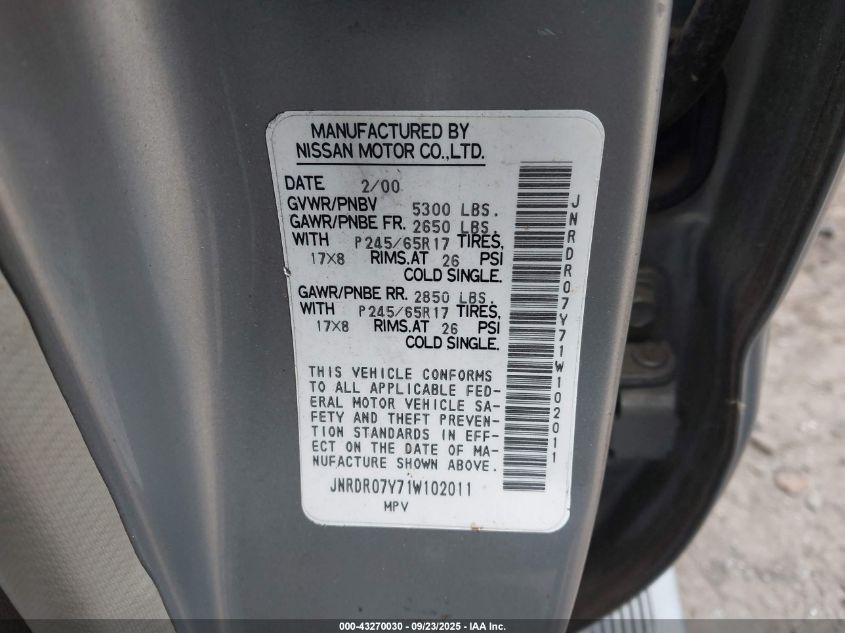 2001 Infiniti Qx4 Luxury VIN: JNRDR07Y71W102011 Lot: 43270030