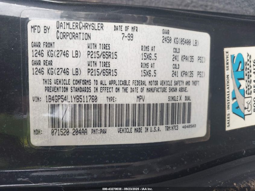 2000 Dodge Grand Caravan Le VIN: 1B4GP54L1YB511760 Lot: 43270038
