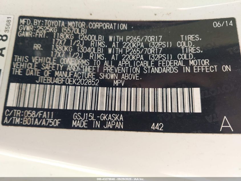 2014 Toyota Fj Cruiser VIN: JTEBU4BF0EK202852 Lot: 43270046