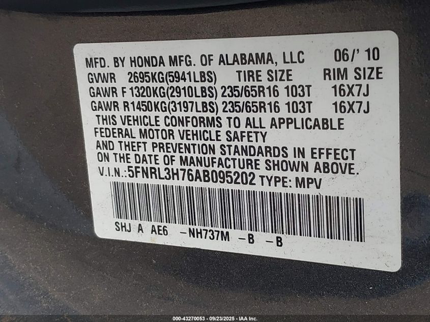 2010 Honda Odyssey Ex-L VIN: 5FNRL3H76AB095202 Lot: 43270053