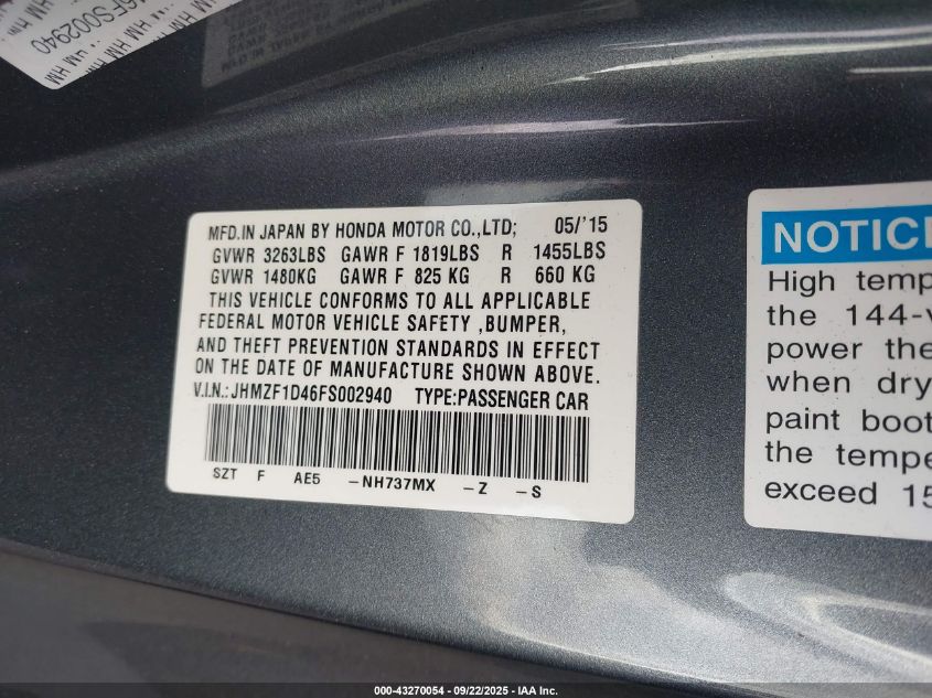 2015 Honda Cr-Z VIN: JHMZF1D46FS002940 Lot: 43270054