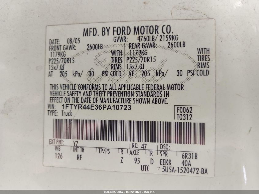 2006 Ford Ranger Sport/Stx/Xlt VIN: 1FTYR44E36PA10723 Lot: 43270057