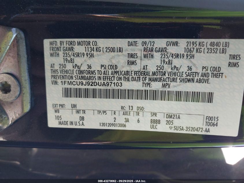 2013 Ford Escape Titanium VIN: 1FMCU9J92DUA97103 Lot: 43270062