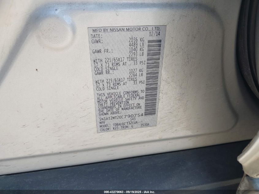 2014 Nissan Rogue S/Sl/Sv VIN: 5N1AT2MT2EC790754 Lot: 43270063