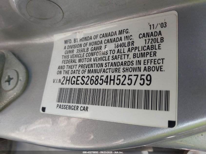 2004 Honda Civic Ex VIN: 2HGES26854H525759 Lot: 43270093