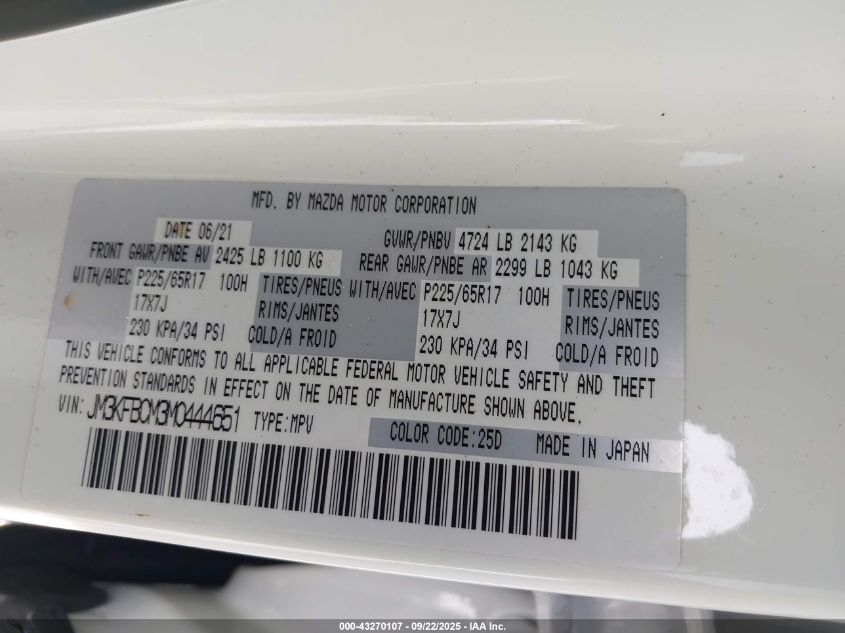 2021 Mazda Cx-5 Touring VIN: JM3KFBCM3M0444651 Lot: 43270107