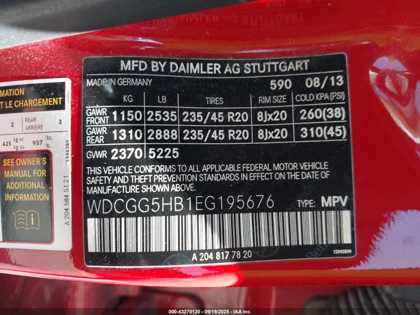 2014 Mercedes-Benz Glk 350 VIN: WDCGG5HB1EG195676 Lot: 43270120