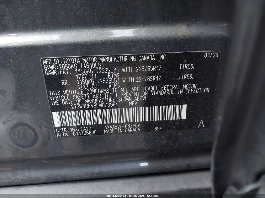 2020 Toyota Rav4 Xle VIN: 2T3W1RFV9LW073964 Lot: 43270134