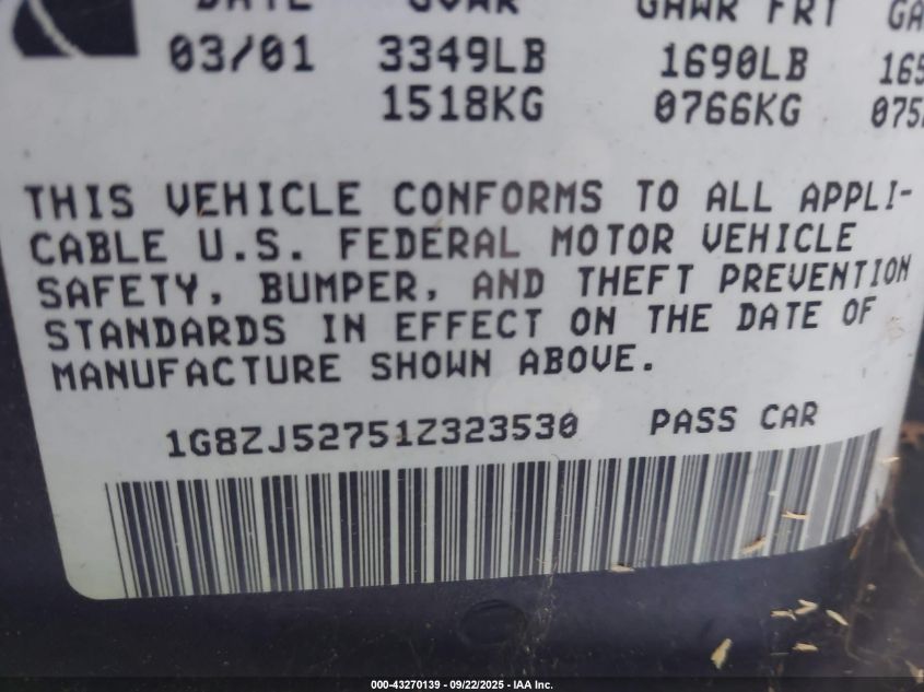 2001 Saturn Sl2 VIN: 1G8ZJ52751Z323530 Lot: 43270139