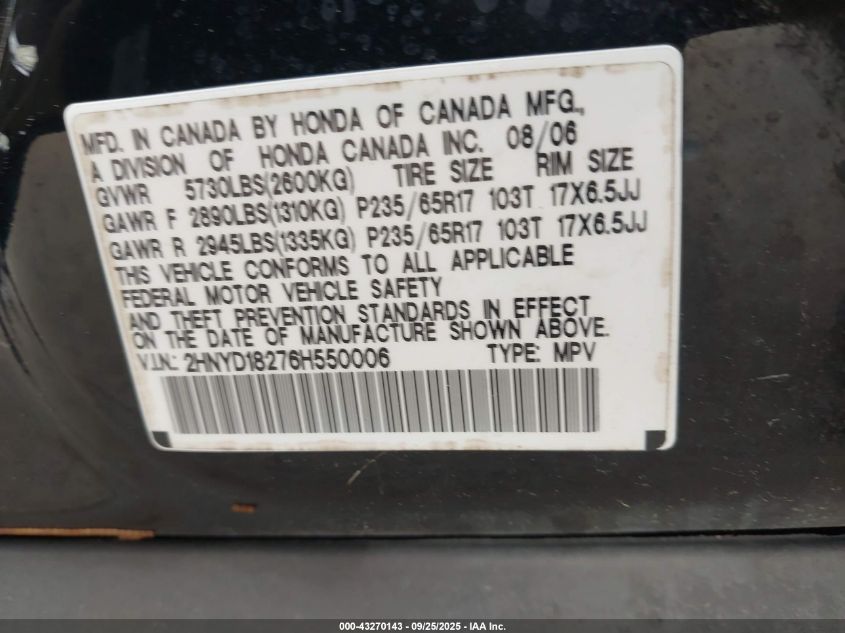 2006 Acura Mdx VIN: 2HNYD18276H550006 Lot: 43270143