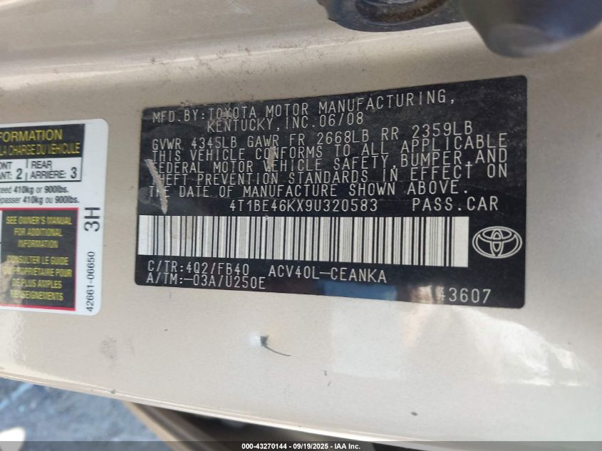 2009 Toyota Camry VIN: 4T1BE46KX9U320583 Lot: 43270144