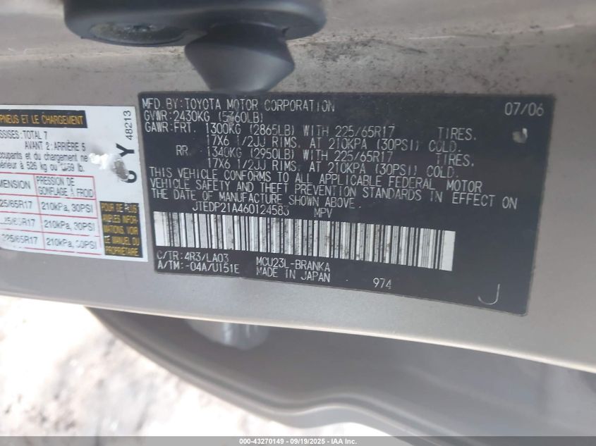 2006 Toyota Highlander Limited V6 VIN: JTEDP21A460124583 Lot: 43270149