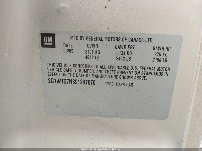 2009 Chevrolet Impala Lt VIN: 2G1WT57N391287070 Lot: 43270152
