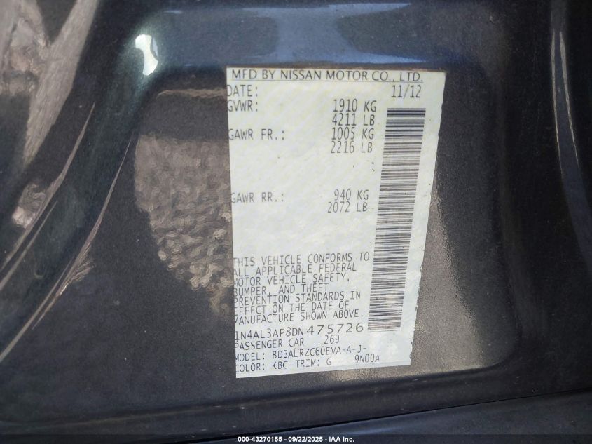 2013 Nissan Altima 2.5 S VIN: 1N4AL3AP8DN475726 Lot: 43270155