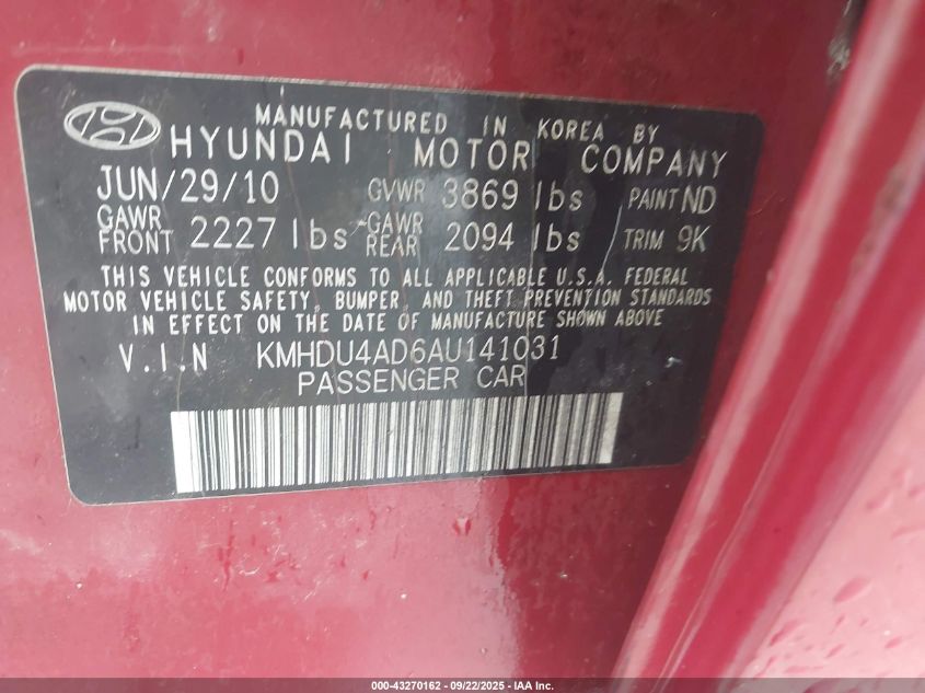 2010 Hyundai Elantra Gls VIN: KMHDU4AD6AU141031 Lot: 43270162
