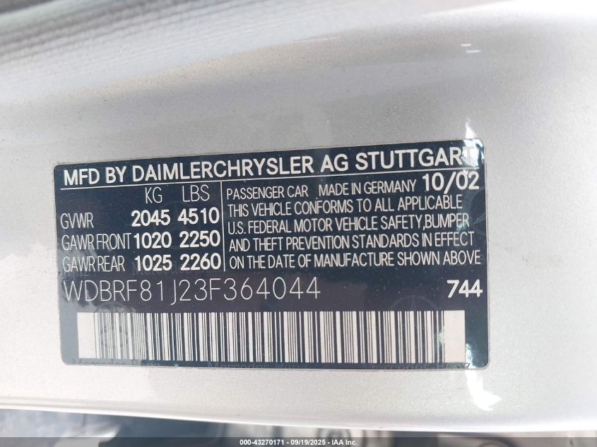 2003 Mercedes-Benz C 240 VIN: WDBRF81J23F364044 Lot: 43270171