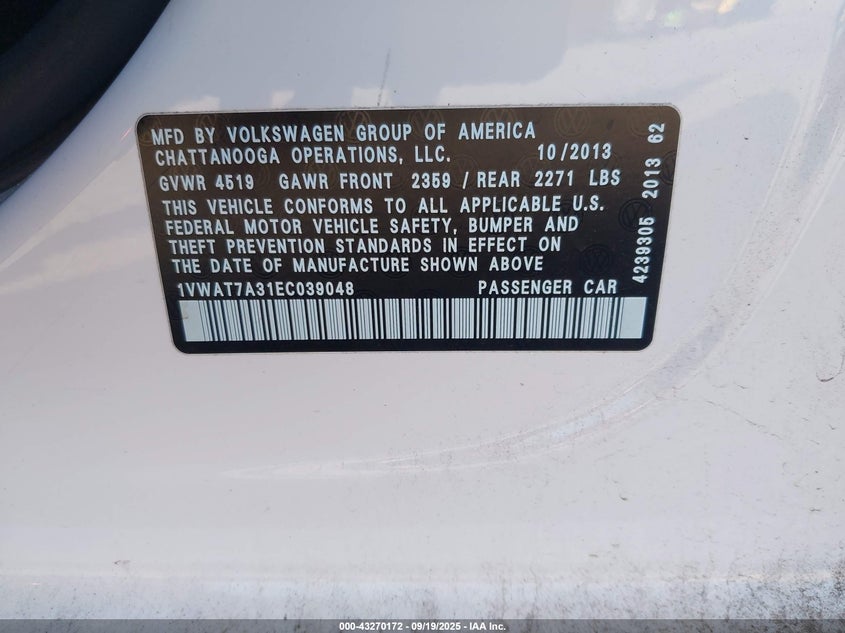 2014 VOLKSWAGEN PASSAT 1.8T WOLFSBURG EDITION - 1VWAT7A31EC039048