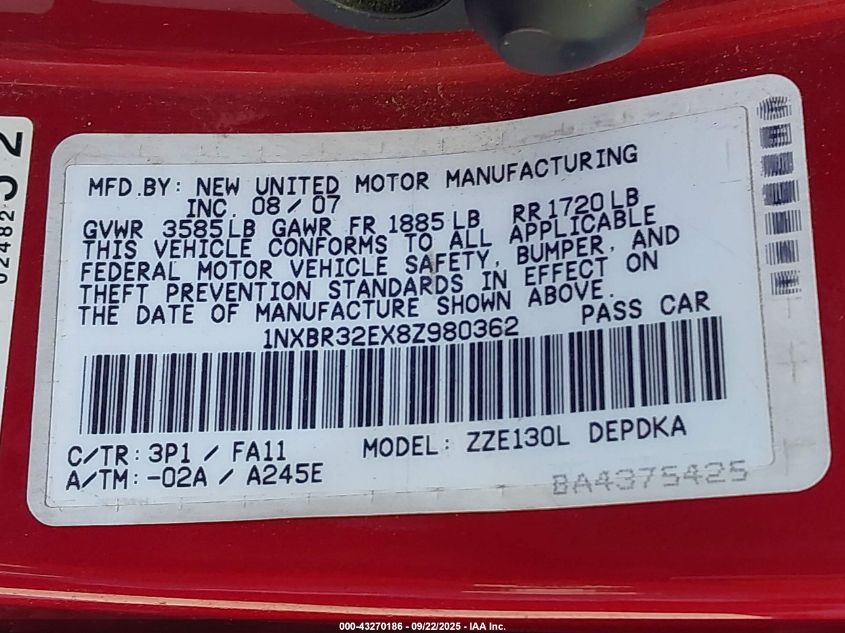 2008 Toyota Corolla Ce VIN: 1NXBR32EX8Z980362 Lot: 43270186