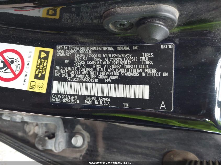 2010 Toyota Highlander Se V6 VIN: 5TDJK3EH7AS034918 Lot: 43270191