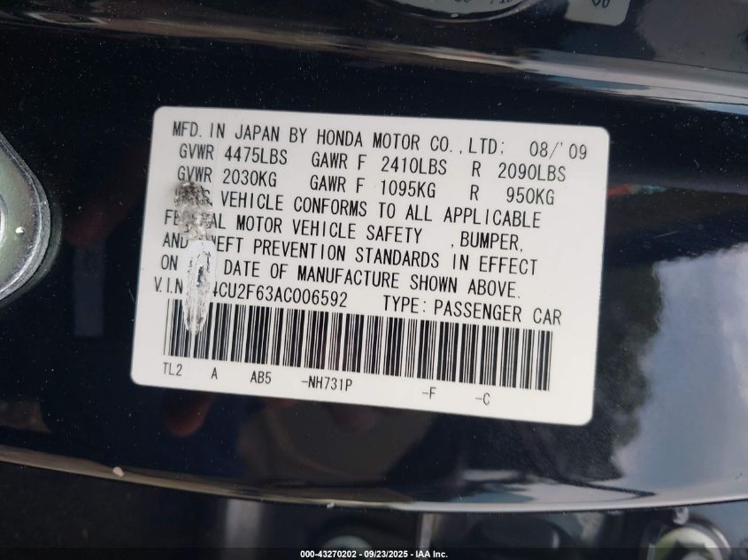 2010 Acura Tsx 2.4 VIN: JH4CU2F63AC006592 Lot: 43270202