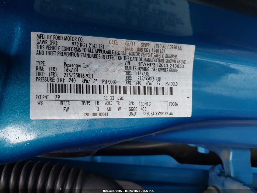 2012 Ford Focus Sel VIN: 1FAHP3H20CL213853 Lot: 43270207