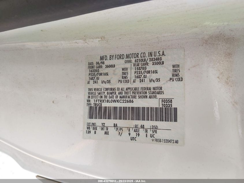 1998 Ford F-150 Lariat/Standard/Xl/Xlt VIN: 1FTRX18L0WKC22686 Lot: 43270211