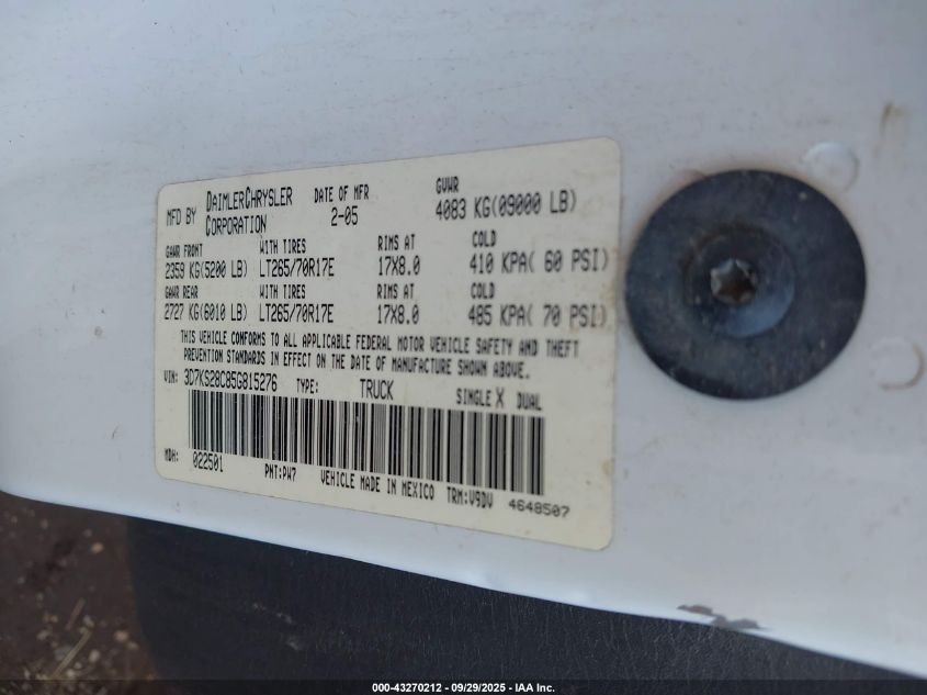 2005 Dodge Ram 2500 Slt/Laramie VIN: 3D7KS28C85G815276 Lot: 43270212