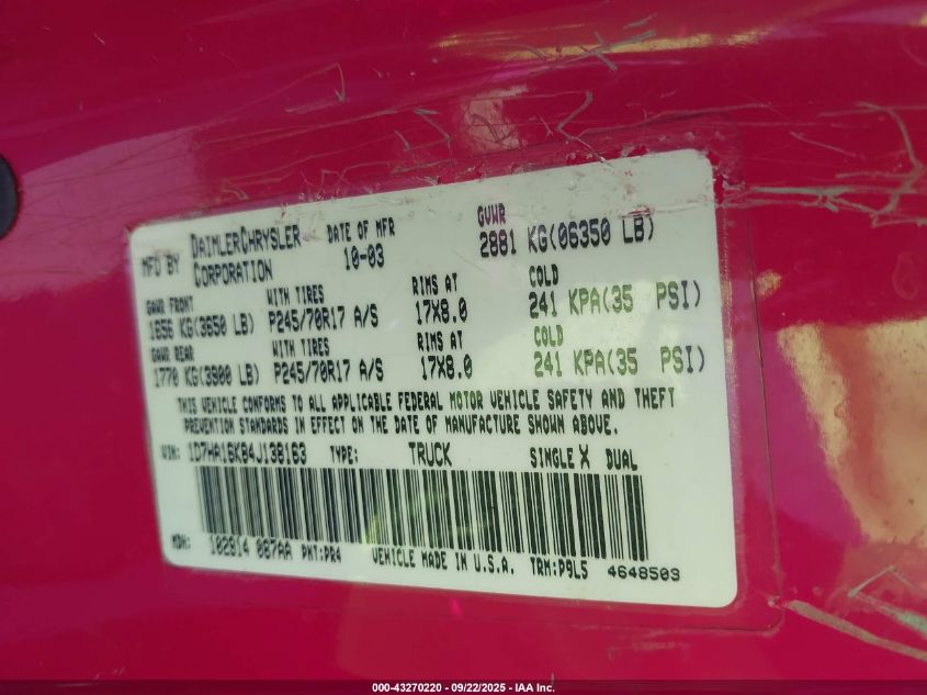 2004 Dodge Ram 1500 St VIN: 1D7HA16K84J138163 Lot: 43270220