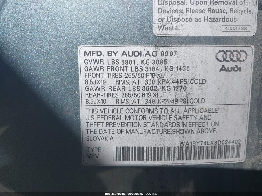 2008 Audi Q7 3.6 Premium VIN: WA1BY74LX8D024402 Lot: 43270236