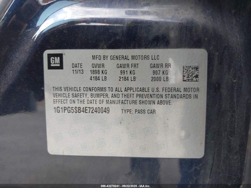 2014 Chevrolet Cruze Ltz VIN: 1G1PG5SB4E7240049 Lot: 43270241