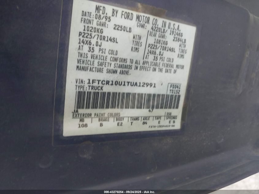 1996 Ford Ranger VIN: 1FTCR10U1TUA12991 Lot: 43270254