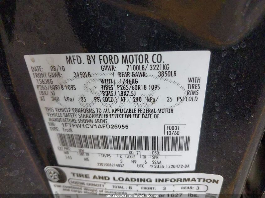 2010 Ford F-150 Xlt VIN: 1FTFW1CV1AFD25955 Lot: 43270264