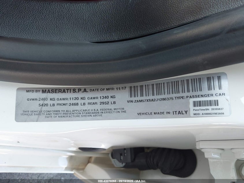 2018 MASERATI GHIBLI ZAM57XSA2J1286375