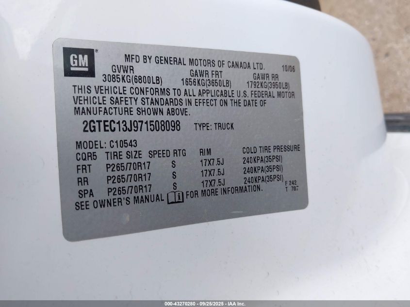 2007 GMC Sierra 1500 Slt VIN: 2GTEC13J971508098 Lot: 43270280