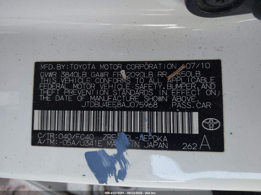 2010 Toyota Corolla Le VIN: JTDBU4EE8AJ075968 Lot: 43270281