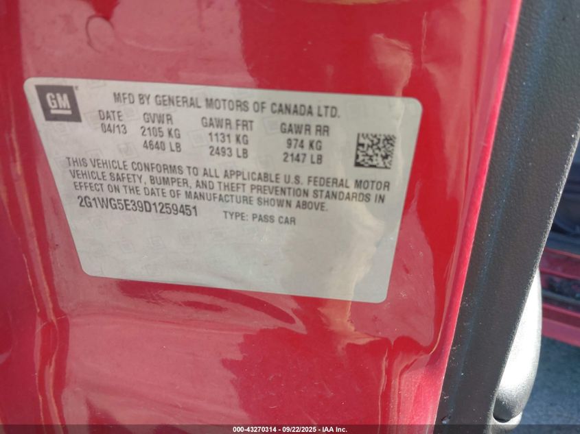 2013 Chevrolet Impala Lt VIN: 2G1WG5E39D1259451 Lot: 43270314