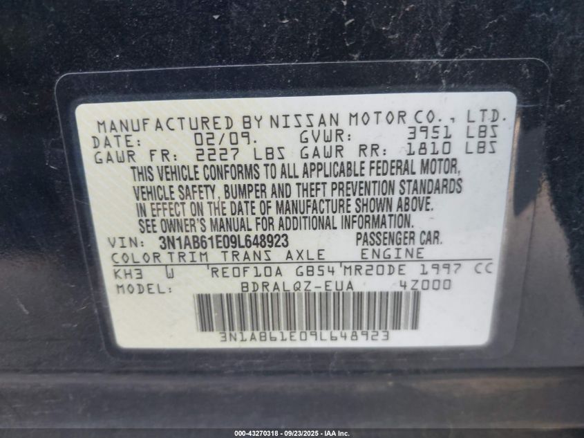 2009 Nissan Sentra 2.0 VIN: 3N1AB61E09L648923 Lot: 43270318