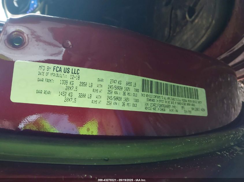 2019 Chrysler Pacifica Touring Plus VIN: 2C4RC1FG0KR604097 Lot: 43270321