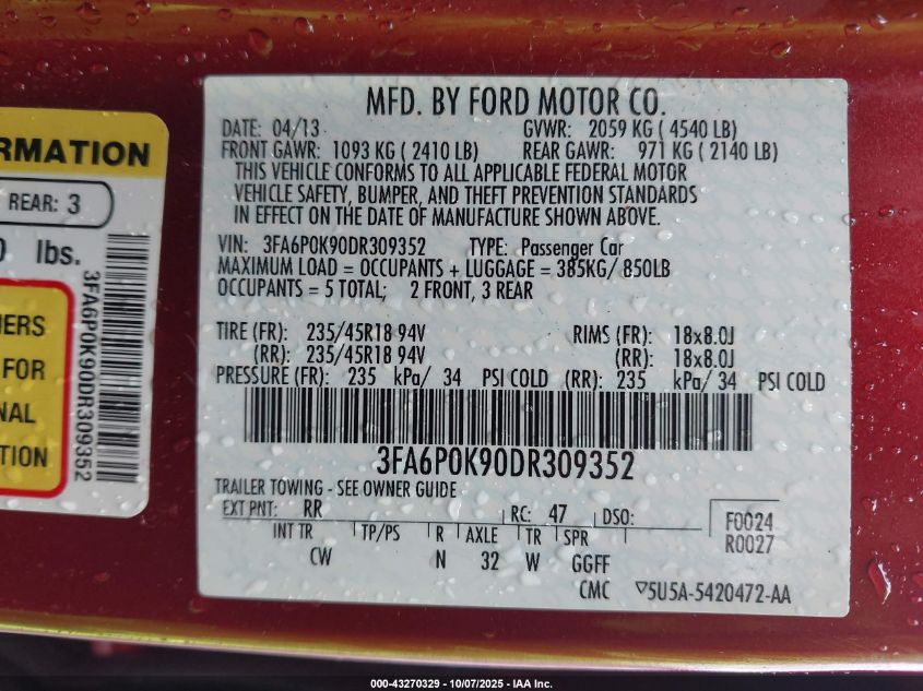 2013 Ford Fusion Titanium VIN: 3FA6P0K90DR309352 Lot: 43270329