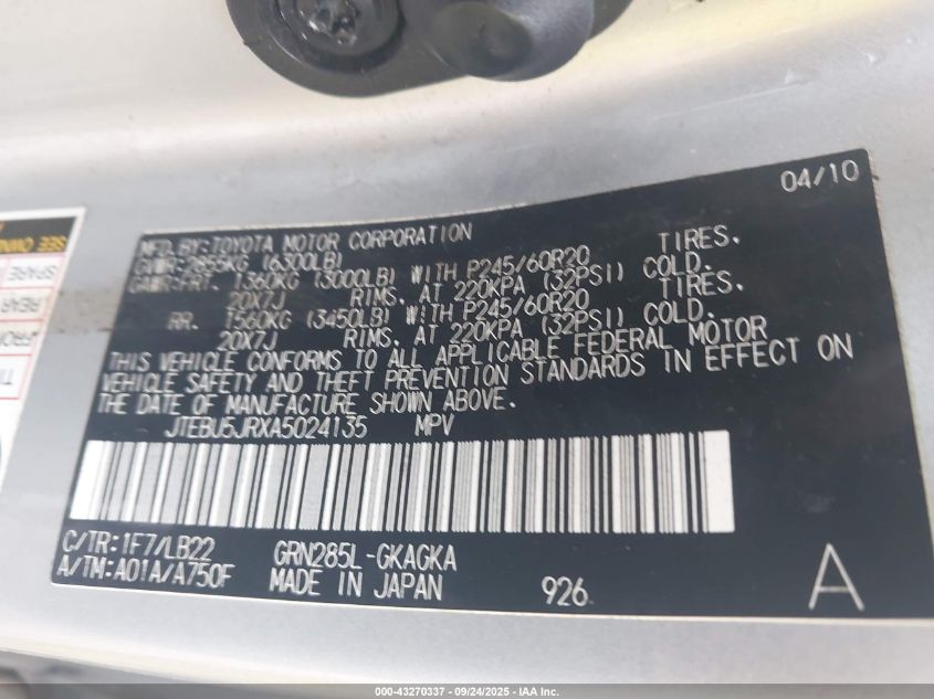 2010 Toyota 4Runner Limited V6 VIN: JTEBU5JRXA5024135 Lot: 43270337