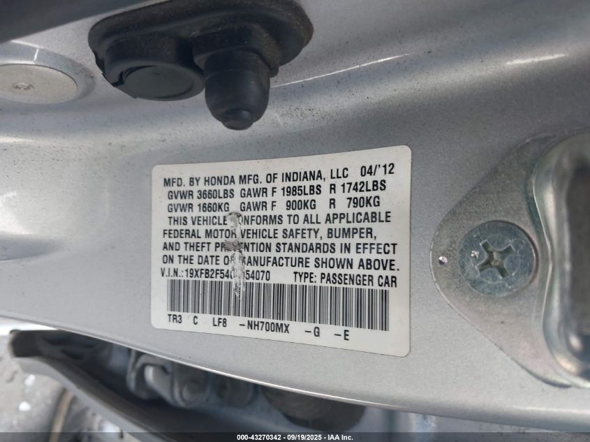 2012 Honda Civic Lx VIN: 19XFB2F54CE354070 Lot: 43270342