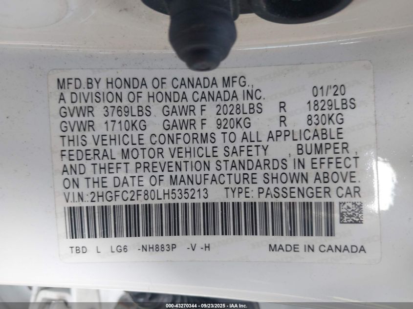 2020 Honda Civic Sport VIN: 2HGFC2F80LH535213 Lot: 43270344
