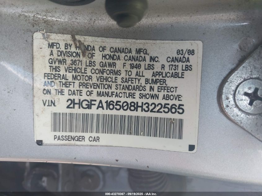 2008 Honda Civic Lx VIN: 2HGFA16508H322565 Lot: 43270367