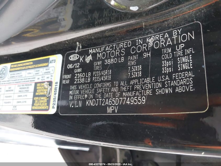 2013 Kia Soul ! VIN: KNDJT2A65D7749559 Lot: 43270374