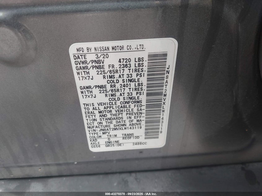 JN8AT2MVXLW143119 2020 NISSAN ROGUE photo no. 9