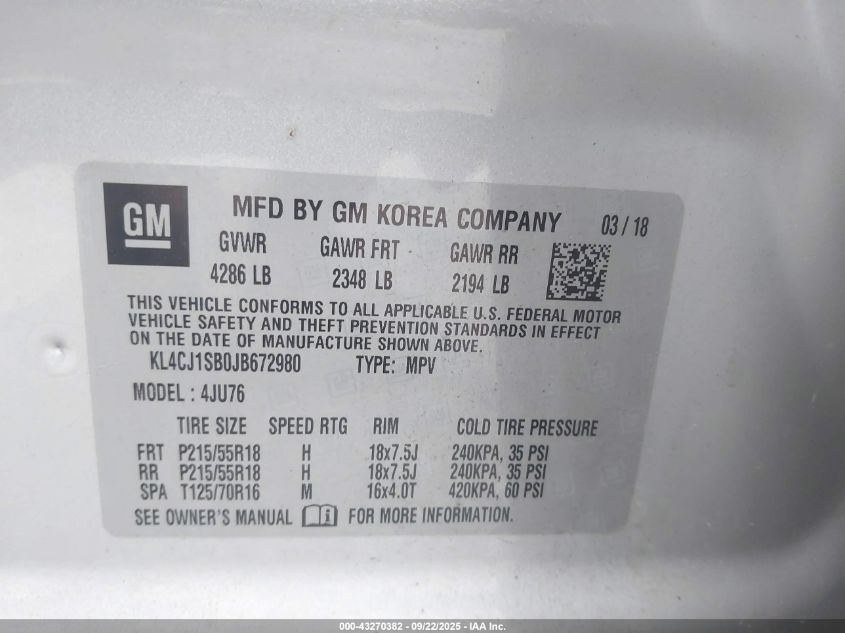 2018 Buick Encore Sport Touring VIN: KL4CJ1SB0JB672980 Lot: 43270382