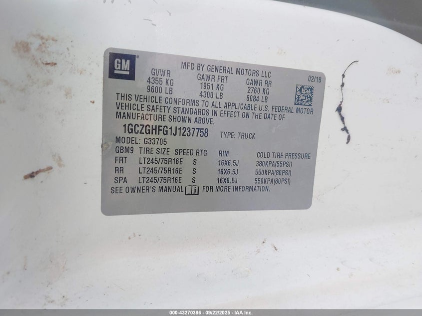 2018 CHEVROLET EXPRESS 3500 WORK VAN - 1GCZGHFG1J1237758